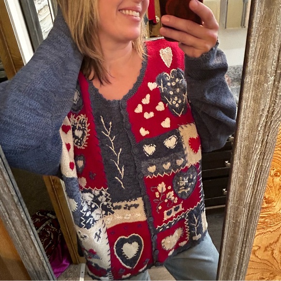 Cutest heart& floral  knit button down sweater cardigan XL Heirloom Collectables - Picture 8 of 8